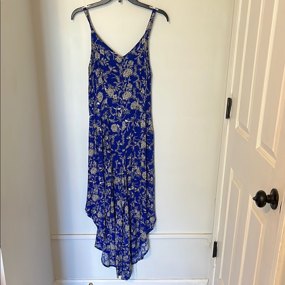 MSK Blue Black Gray sundress jumpsuit with V neck.
